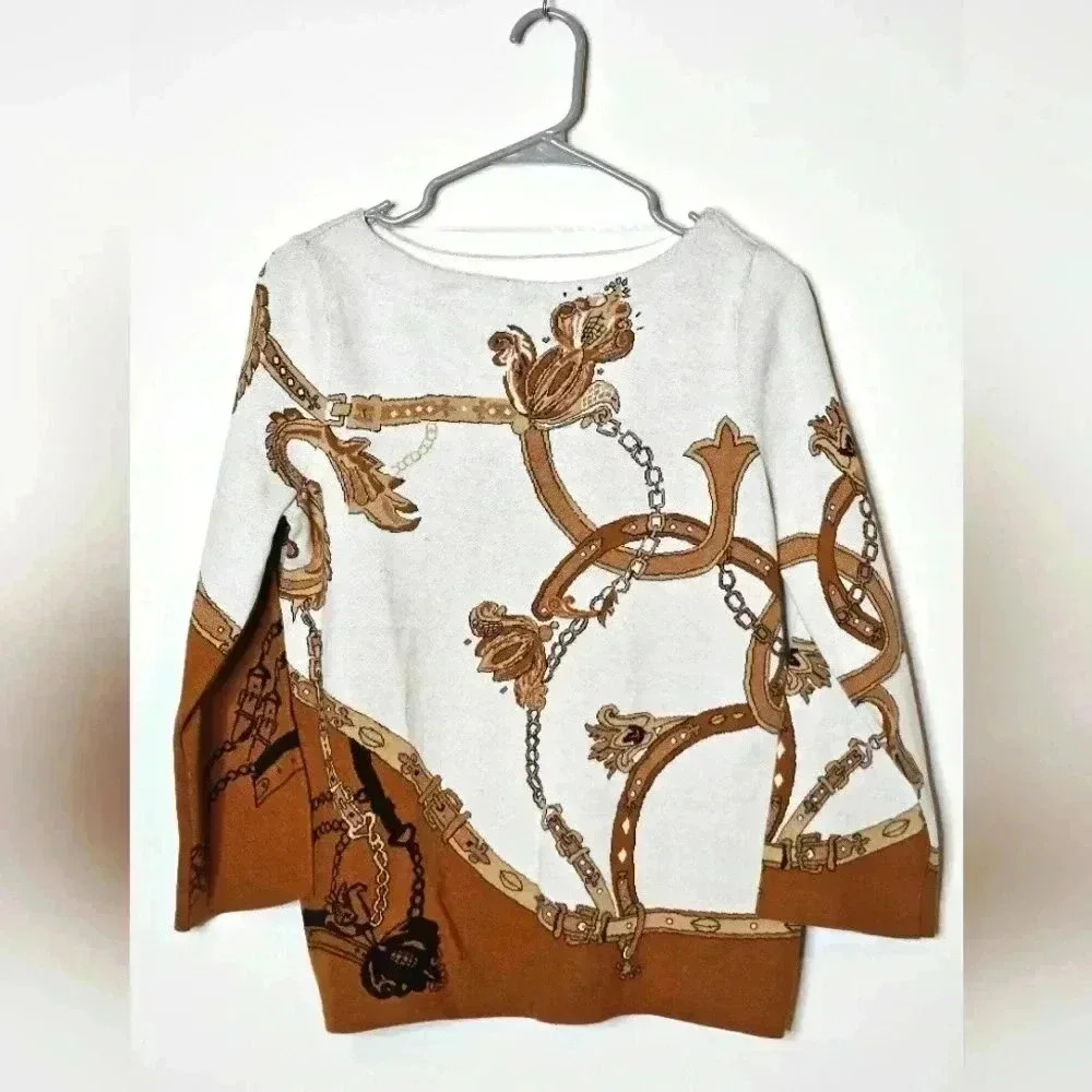 Chicos Jacquard‎ Boatneck Womens 0 Sweater Brown Gray New